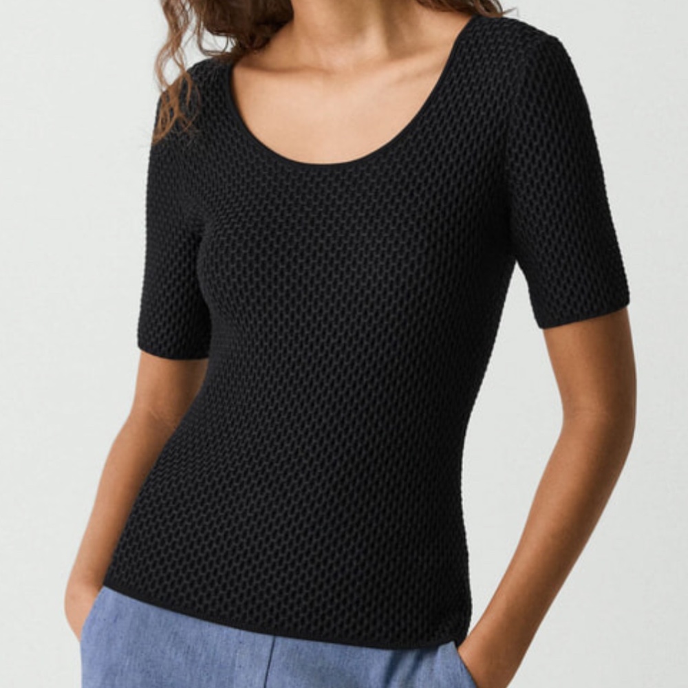 THEORY Women's Black Bleecker Top Size Medium Scoop Neck Short Sleeve